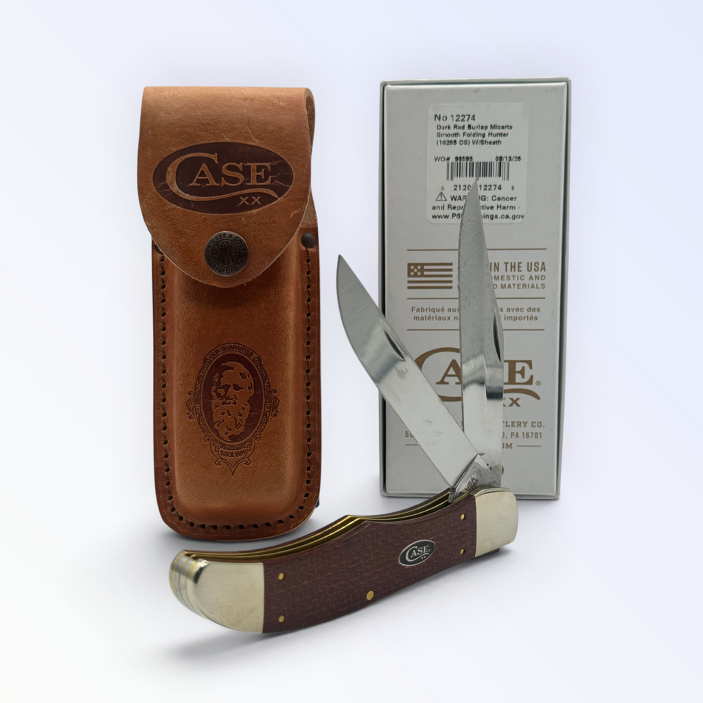 Pigeon Roost Knives Case XX Folding Hunter with dark red burlap Micarta handle, carbon steel blades, and leather sheath