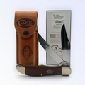Pigeon Roost Knives Case XX Folding Hunter knife with dark red burlap Micarta handle, carbon steel blades, and sheath.
