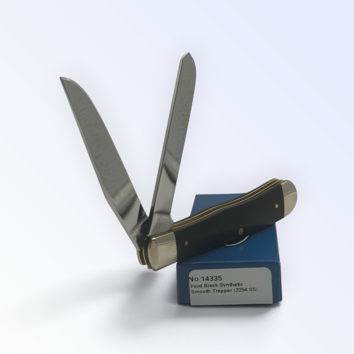 Case XX Ford F-150 Trapper Smooth Black Delrin (14335) — pocket-knife studio shot on retail box