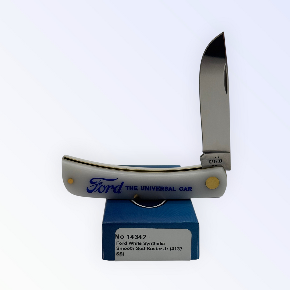 Case XX Ford Sod Buster Jr White The Universal Car with SKU 14342 — blades open resting on the factory box