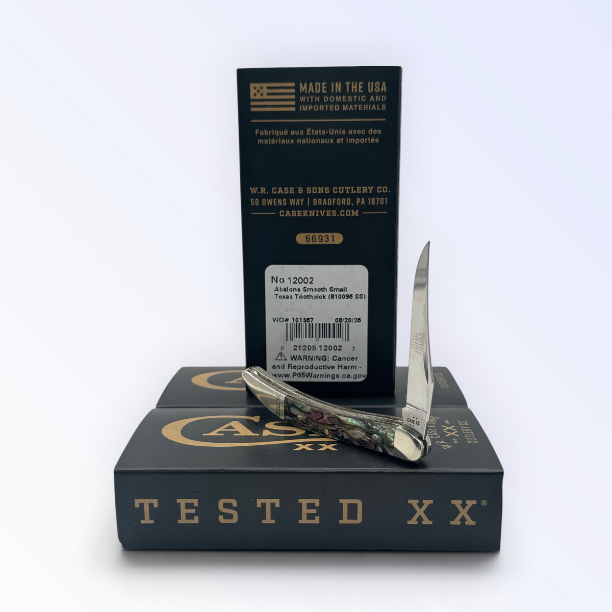 Case XX 12002 Genuine Abalone Tiny Toothpick — angled open view on Case XX packaging