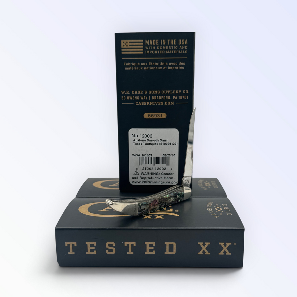 Case XX Genuine Abalone Tiny Toothpick, SKU 12002 — closed profile on the Case XX box