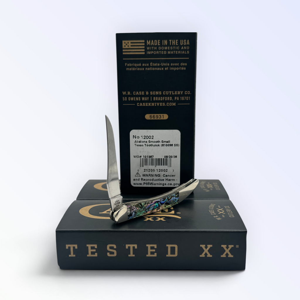 Case XX Genuine Abalone Tiny Toothpick (12002) — pocket-knife studio shot on retail box