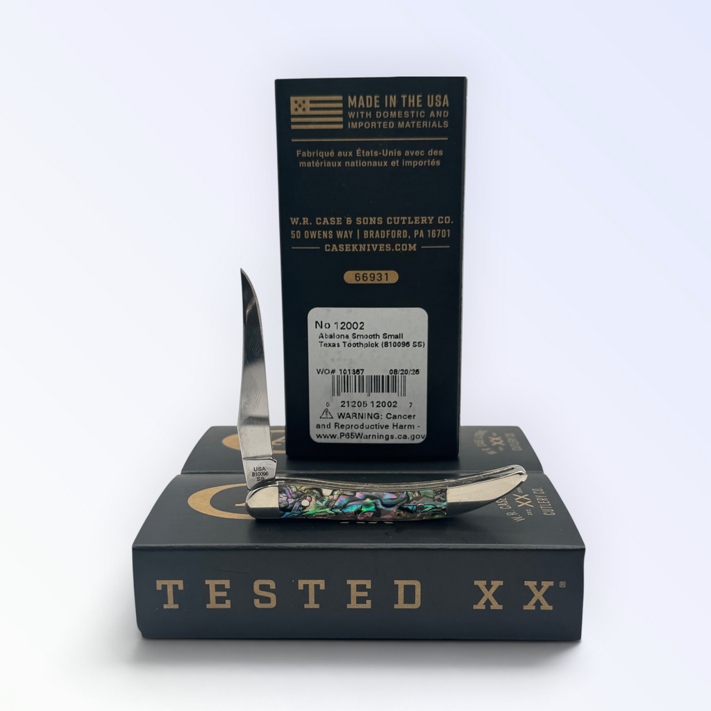 Genuine Abalone Tiny Toothpick by Case XX (12002), close view of handle texture with blades open on box