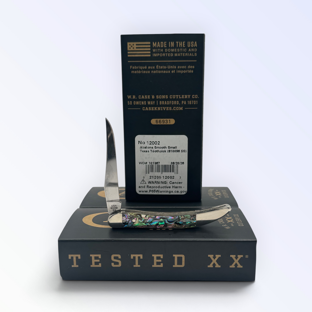 Genuine Abalone Tiny Toothpick by Case XX (12002), close view of handle texture with blades open on box