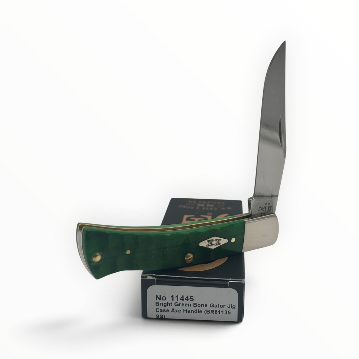 Pigeon Roost Knives Case XX Axe Handle pocket knife with bright green gator jigged bone scales and clip point blade