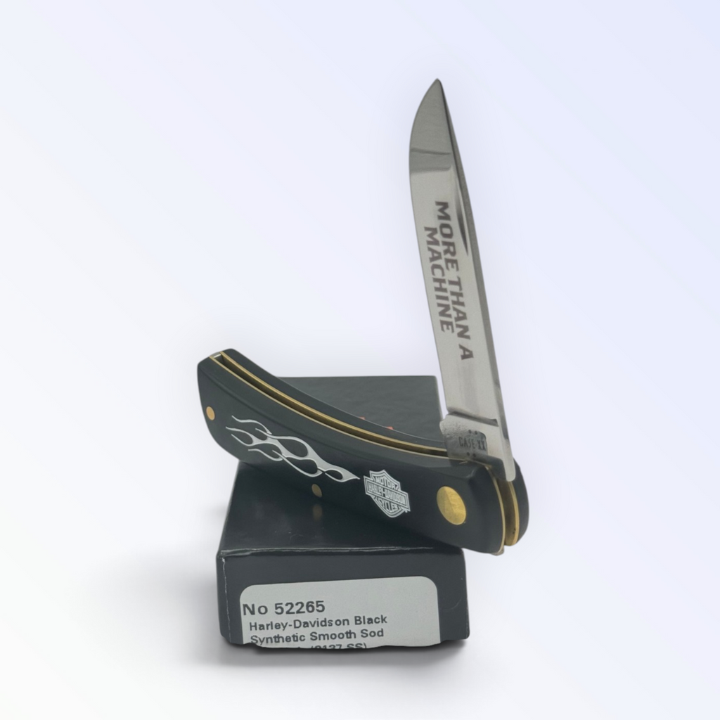 Case XX 52265 Harley-Davidson Sodbuster Jr Black Delrin — angled open view on Case XX packaging