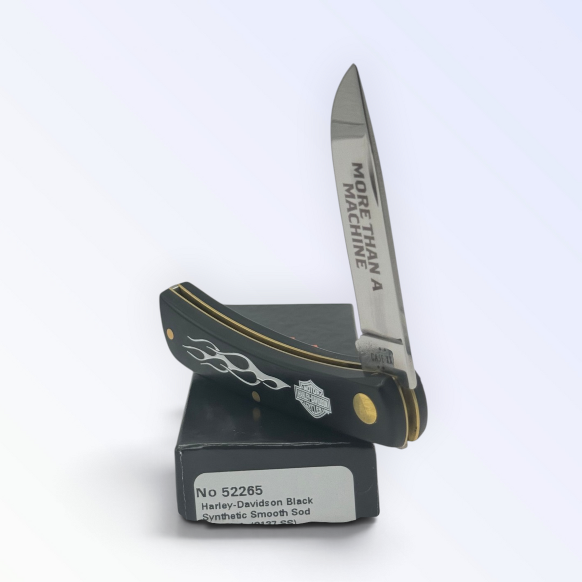 Case XX 52265 Harley-Davidson Sodbuster Jr Black Delrin — angled open view on Case XX packaging