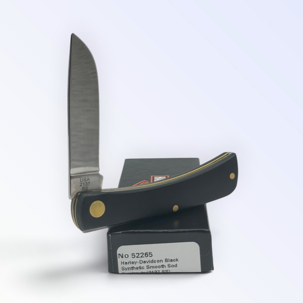 Case XX Harley-Davidson Sodbuster Jr Black Delrin (52265) — pocket-knife studio shot on retail box