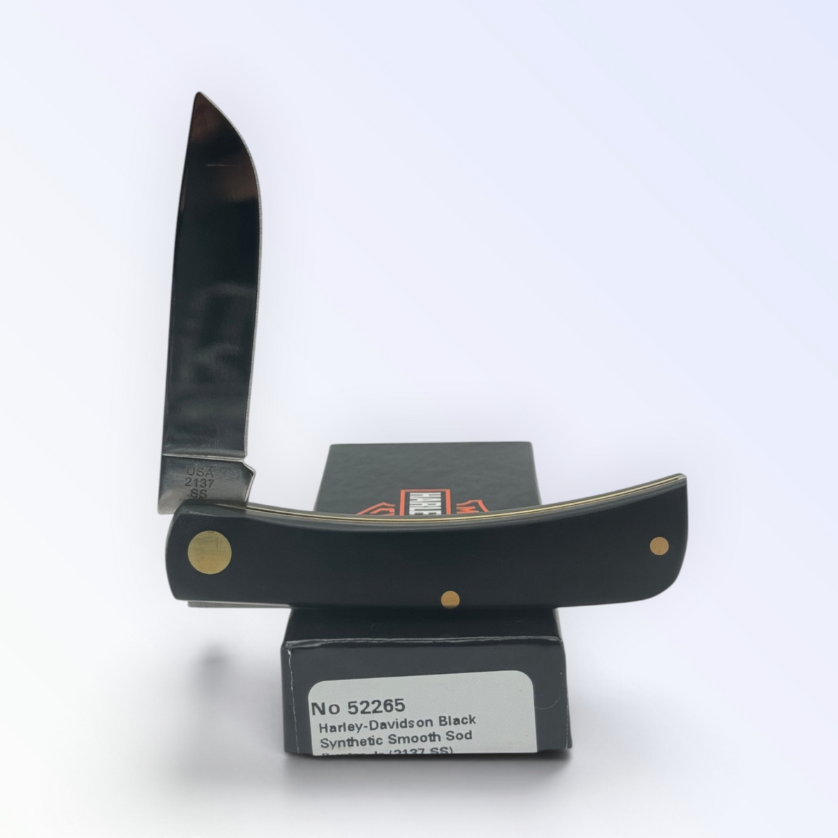 Harley-Davidson Sodbuster Jr Black Delrin by Case XX (52265), close view of handle texture with blades open on box