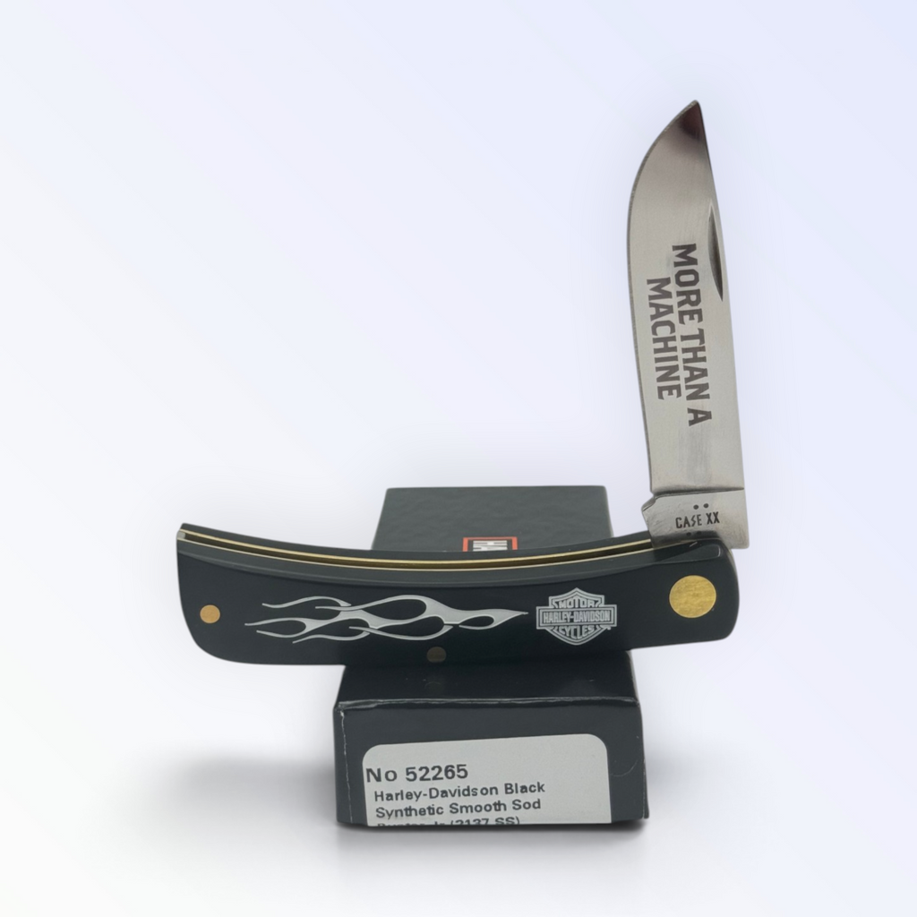 Case XX Harley-Davidson Sodbuster Jr Black Delrin with SKU 52265 — blades open resting on the factory box