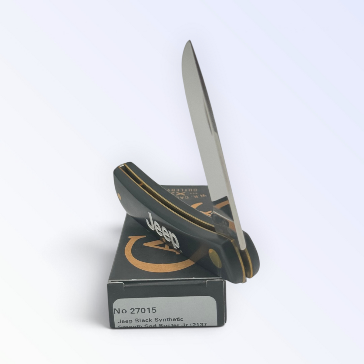 Case XX 27015 Jeep Black Synthetic Sodbuster Jr — angled open view on Case XX packaging