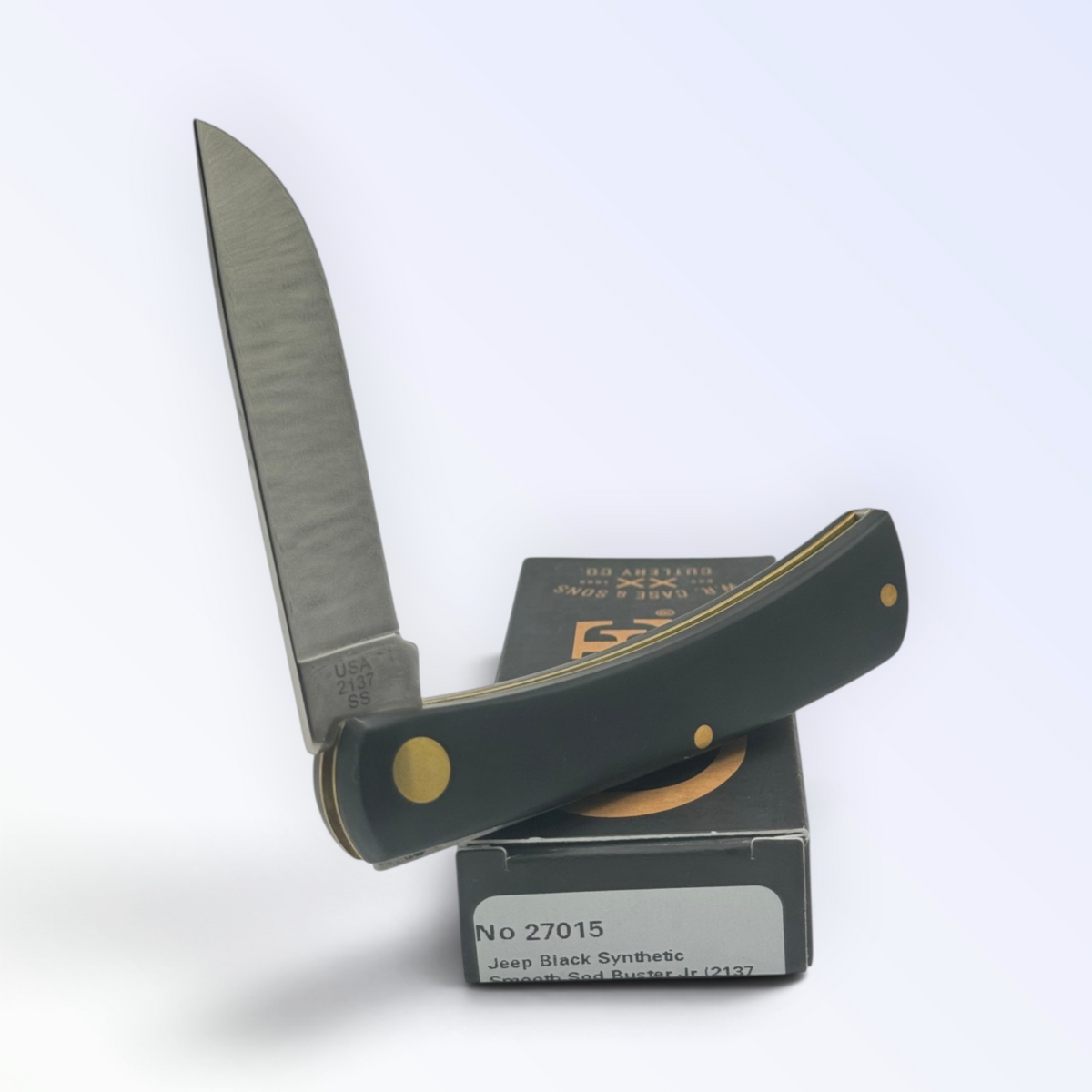 Case XX Jeep Black Synthetic Sodbuster Jr (27015) — pocket-knife studio shot on retail box
