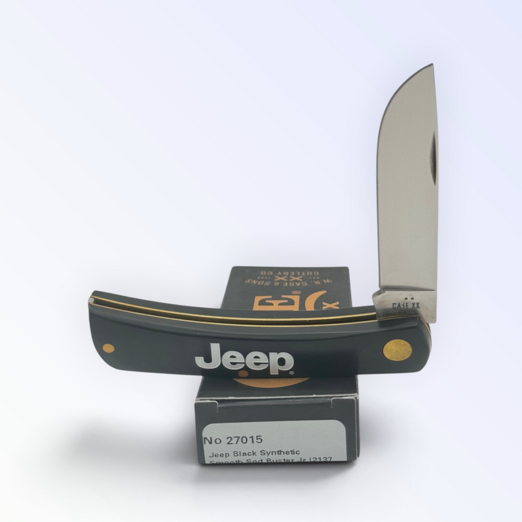 Case XX Jeep Black Synthetic Sodbuster Jr with SKU 27015 — blades open resting on the factory box