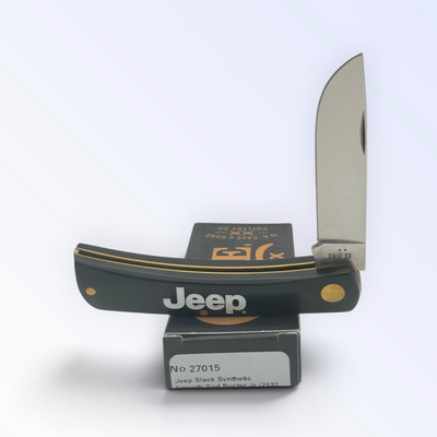 Case XX Jeep Black Synthetic Sodbuster Jr with SKU 27015 — blades open resting on the factory box