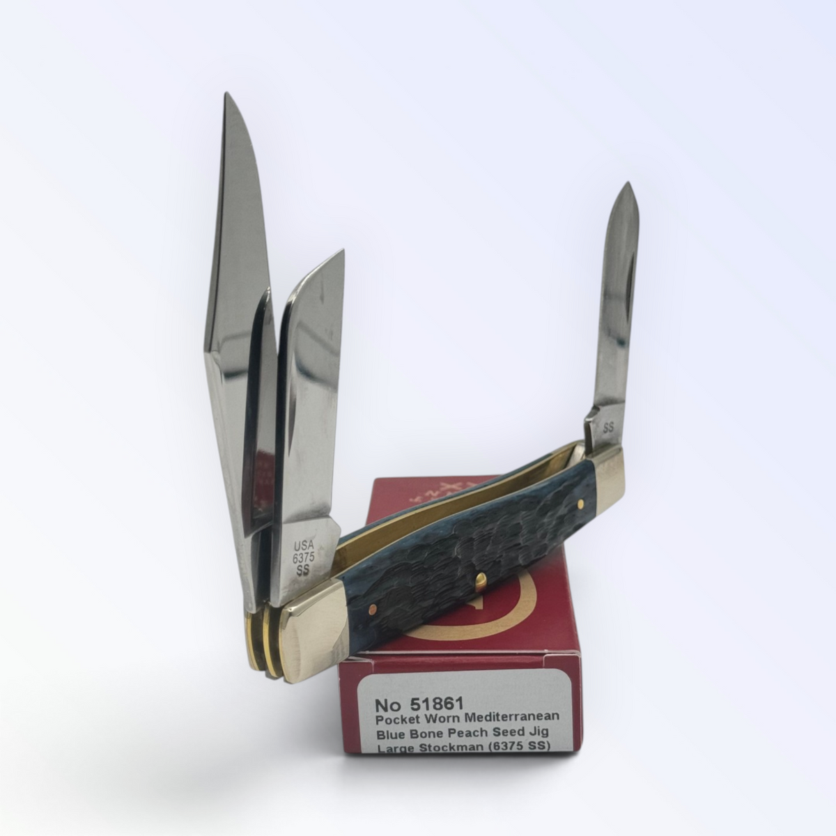 Case XX Large Stockman Pocket Worn Mediterranean Blue Bone (51861) — pocket-knife studio shot on retail box