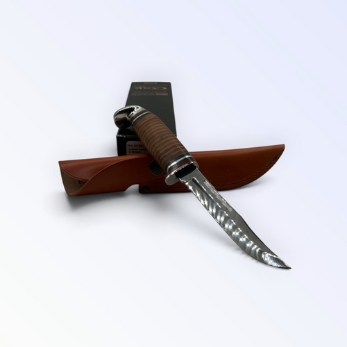 Pigeon Roost Knives Case XX slim fixed blade hunter with a polished stacked leather handle and brown leather sheath