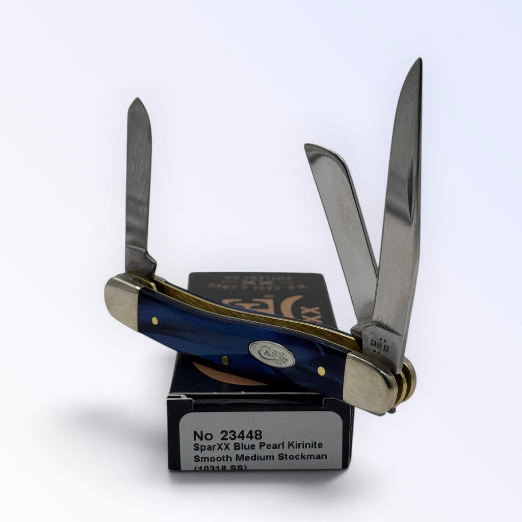Case XX 23448 Medium Stockman in blue pearl Kirinite — angled open view on Case XX packaging