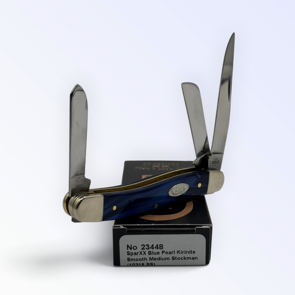 Medium Stockman by Case XX in blue pearl Kirinite (23448), three-quarter open shot showing handle and blades