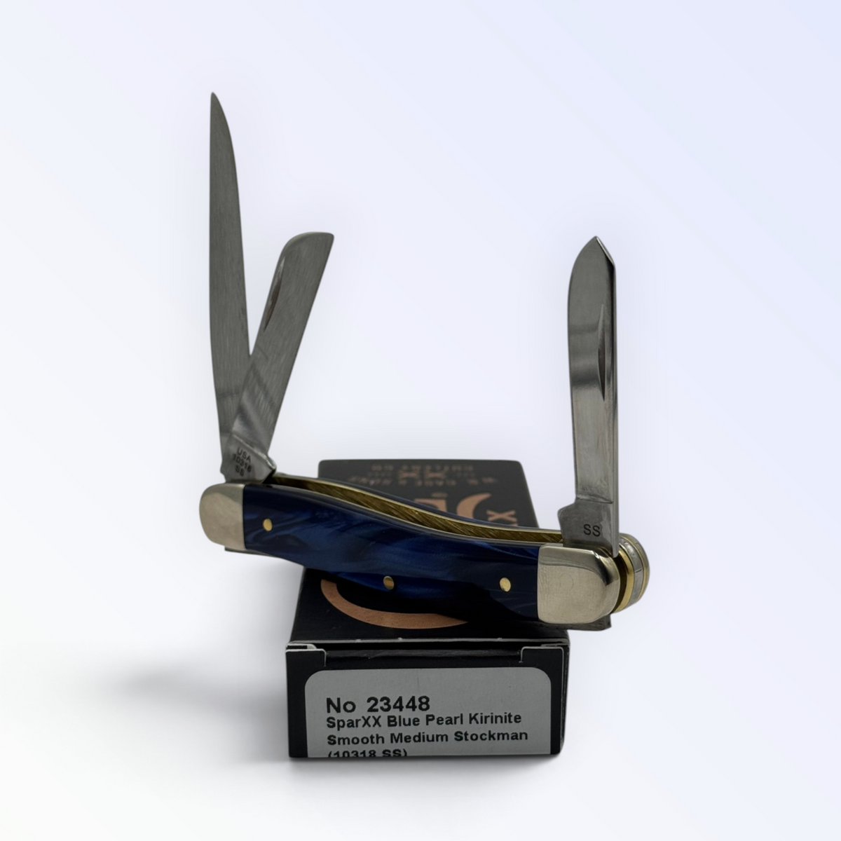Case XX Medium Stockman 23448: blue pearl Kirinite, open on box with end label facing forward