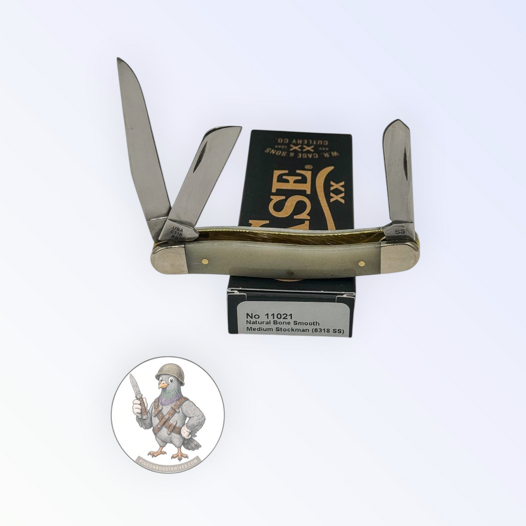 Case XX 11021 Medium Stockman in smooth natural bone — angled open view on Case XX packaging