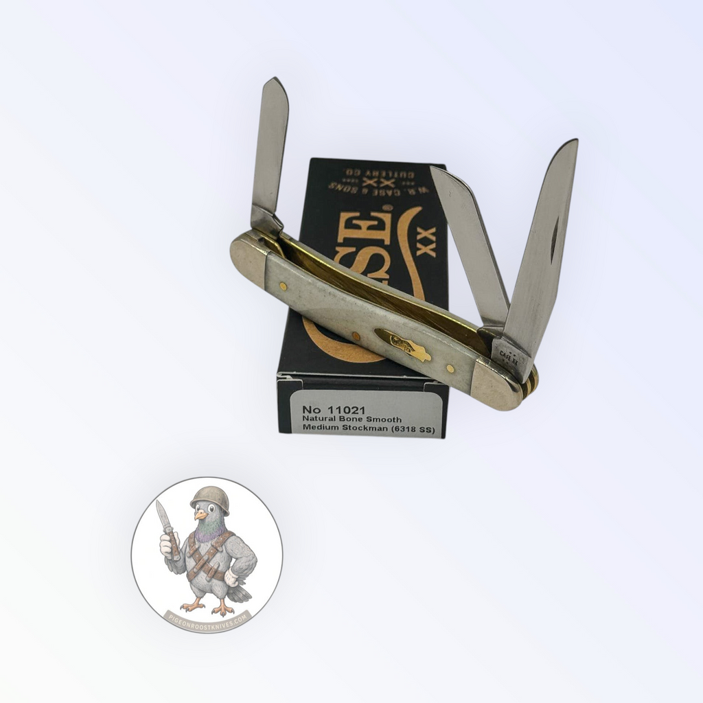 Medium Stockman by Case XX in smooth natural bone (11021), open on box with end label facing forward