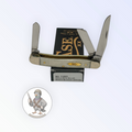 Case XX Medium Stockman with smooth natural bone and three stainless blades, SKU 11021 — blades open resting on the factory box