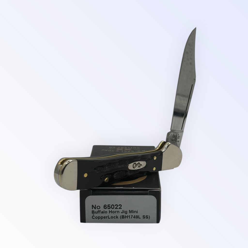 Pigeon Roost Knives Case XX Mini CopperLock pocket knife with black jigged buffalo horn handle and locking clip blade