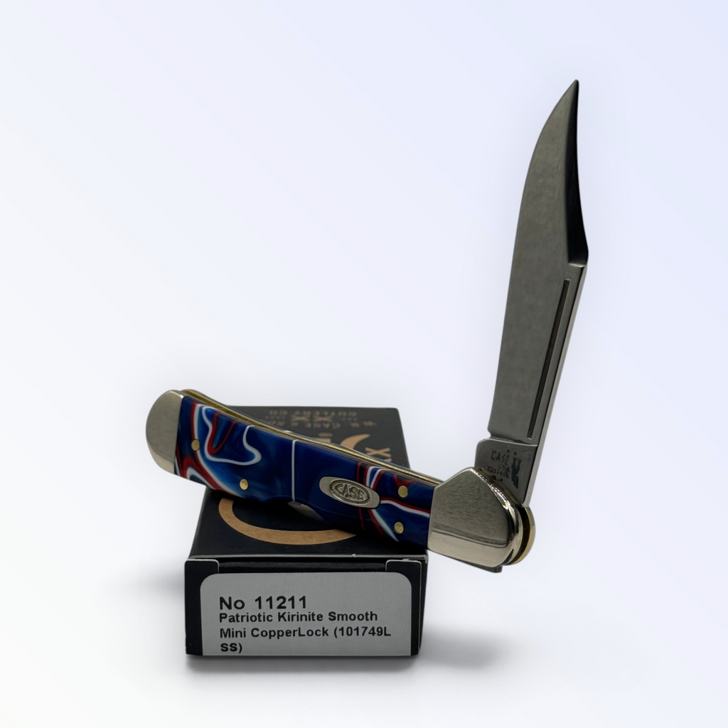 Case XX 11211 Mini CopperLock in Patriot Kirinite — angled open view on Case XX packaging