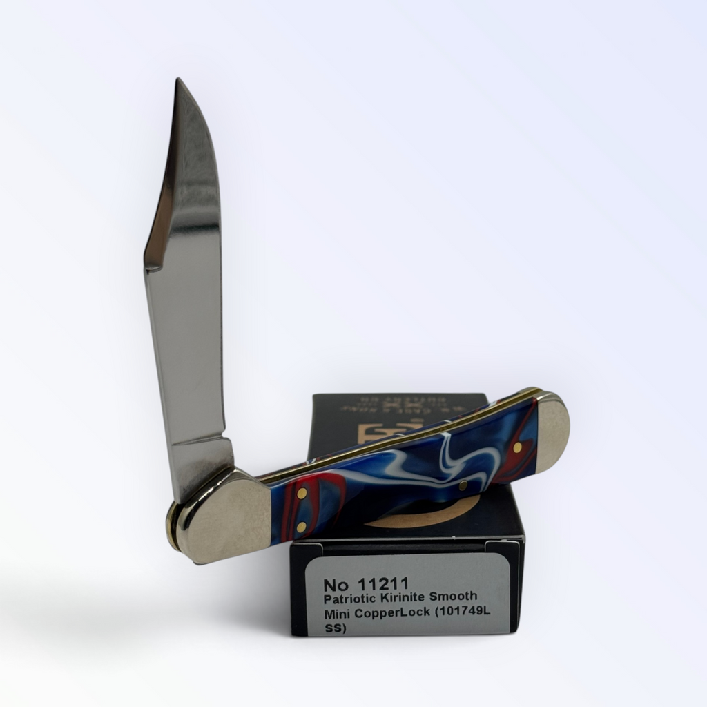 Catalog 11211 Case XX Mini CopperLock — Patriot Kirinite, close view of handle texture with blades open on box