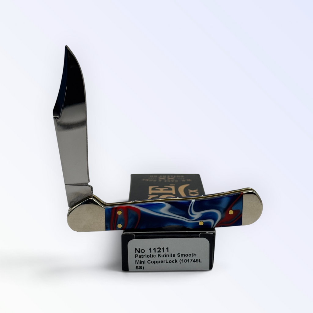 Case XX Mini CopperLock (11211) featuring Patriot Kirinite; studio shot open atop the retail box