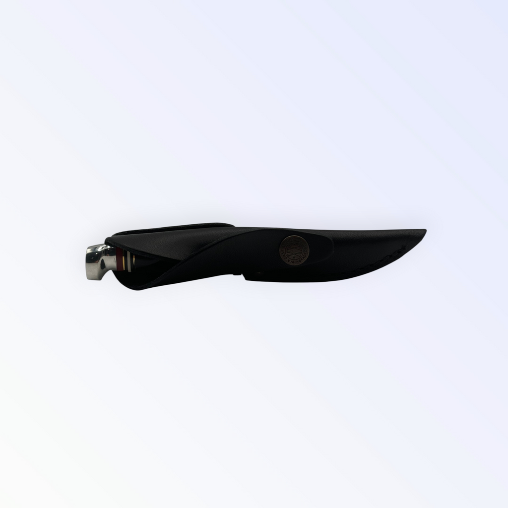 Pigeon Roost Knives Case XX Mini Finn fixed blade knife inside a black leather sheath with a branded metal snap