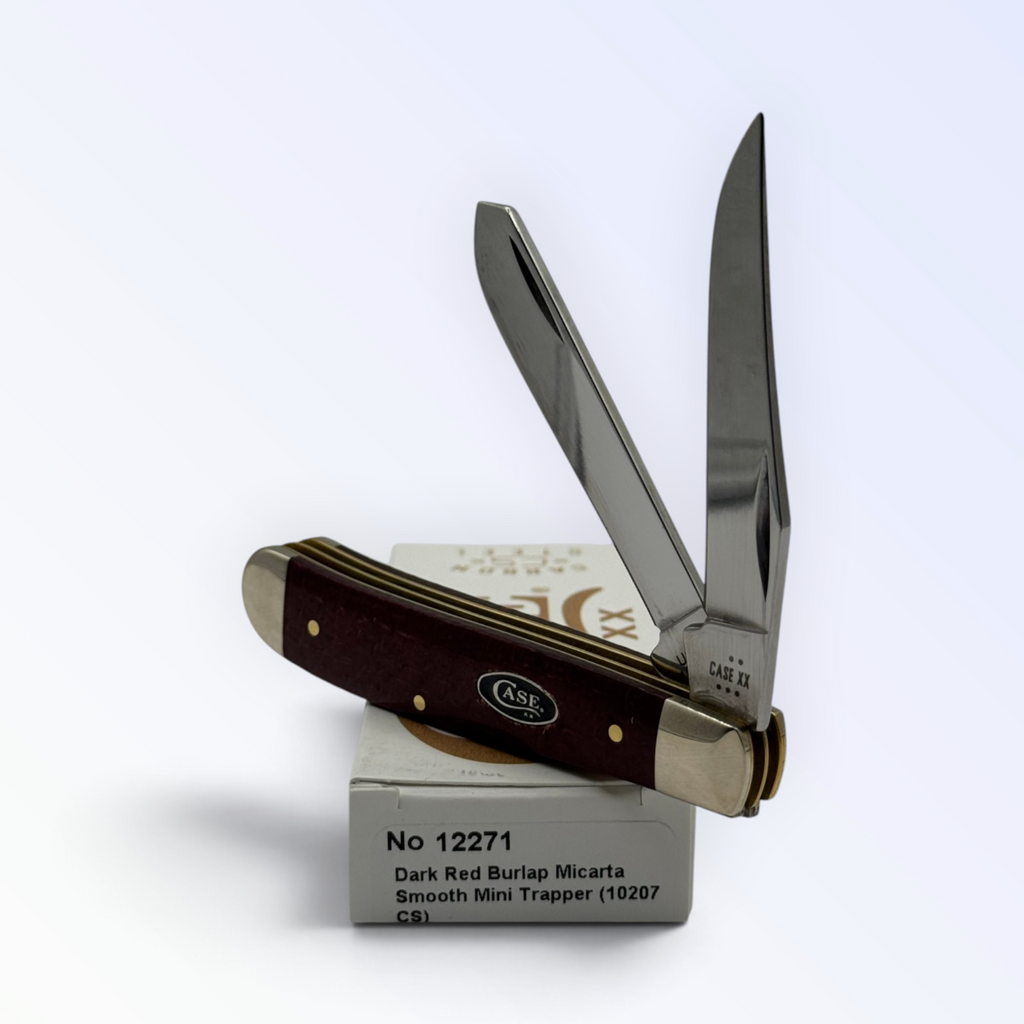 Case XX 12271 Mini Trapper in dark red burlap Micarta — angled open view on Case XX packaging