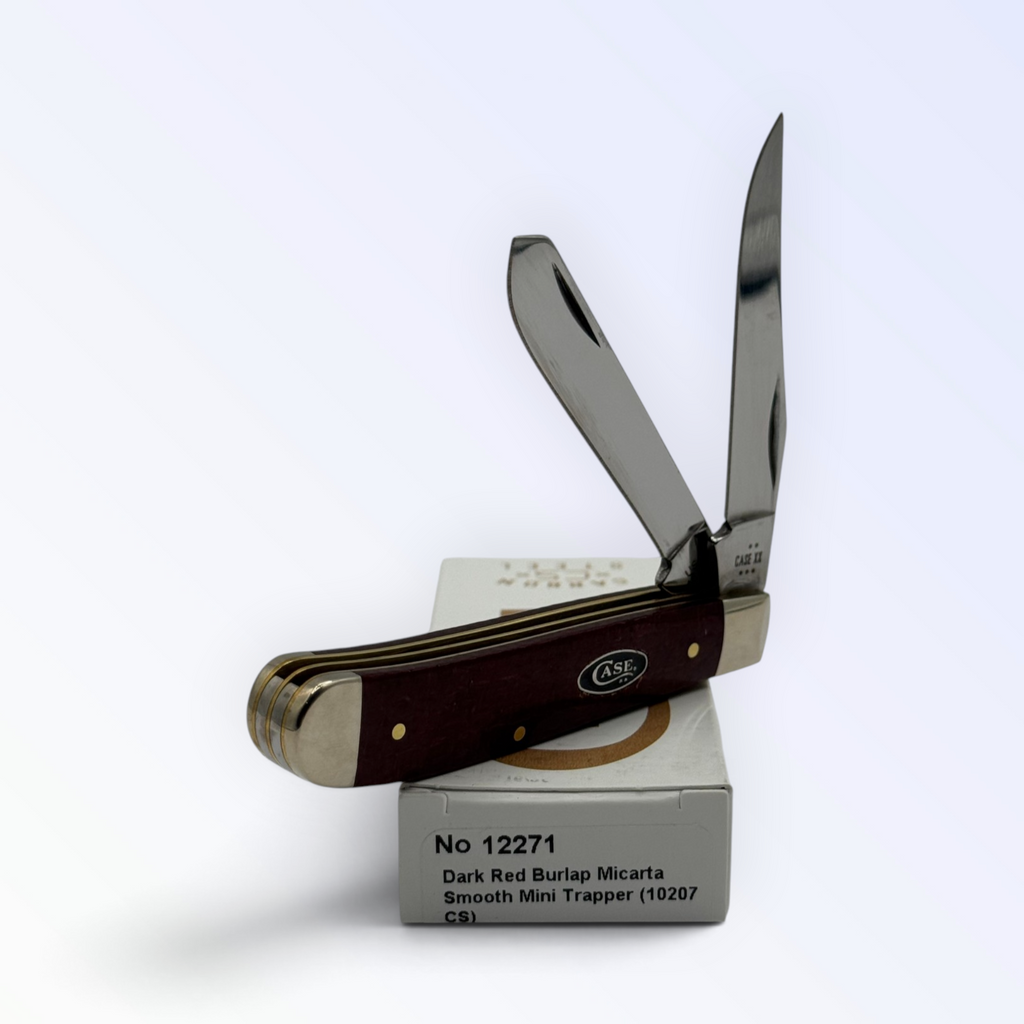 Mini Trapper by Case XX in dark red burlap Micarta (12271), three-quarter open shot showing handle and blades
