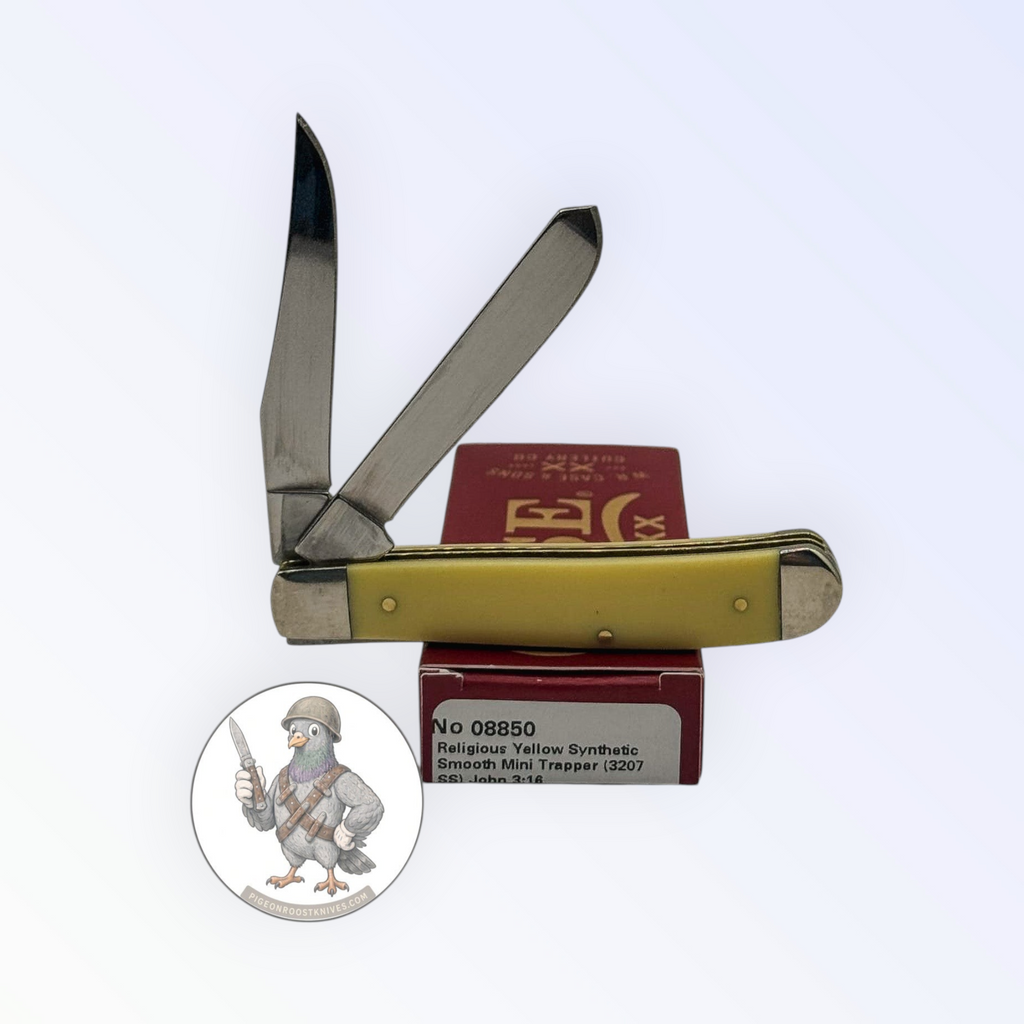 Case XX 08850 Mini Trapper in John 3:16 smooth yellow synthetic — angled open view on Case XX packaging