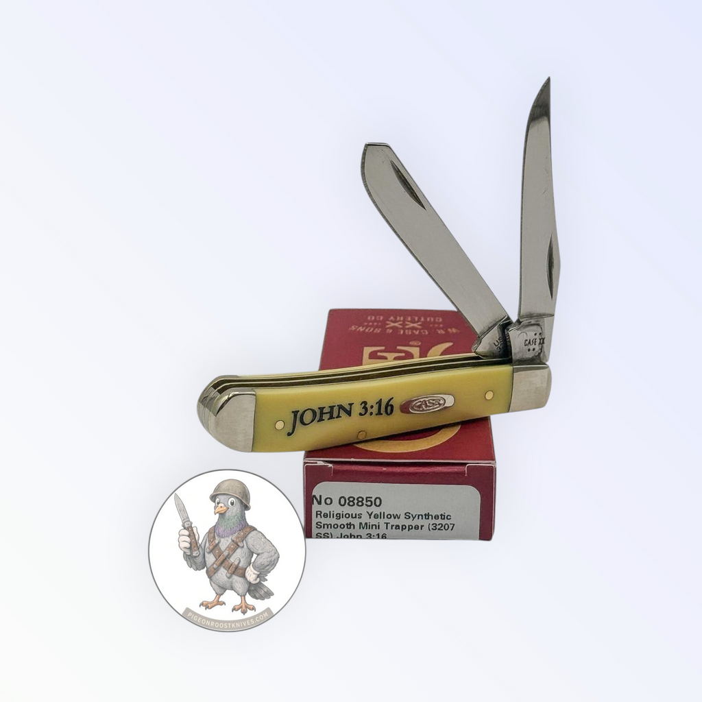 Mini Trapper by Case XX in John 3:16 smooth yellow synthetic (08850), open on box with end label facing forward