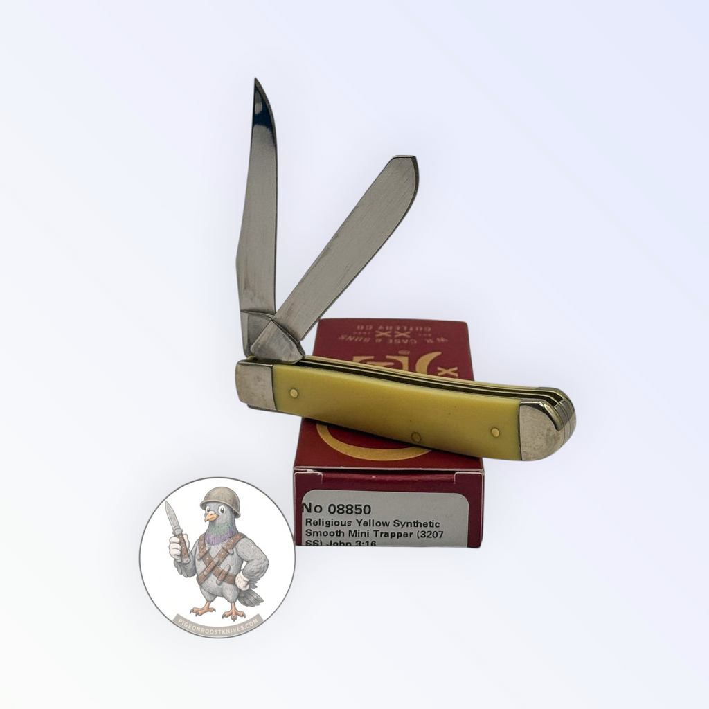 Case XX Mini Trapper 08850: John 3:16 smooth yellow synthetic, studio shot open atop the retail box