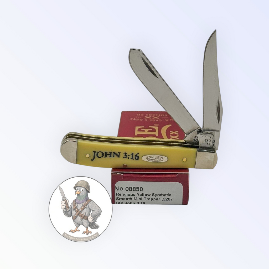Case XX Mini Trapper with John 3:16 smooth yellow synthetic and religious saying etched blades, SKU 08850 — blades open resting on the factory box