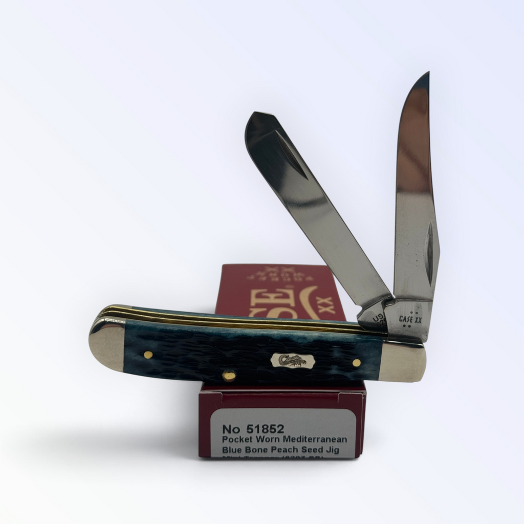 Mini Trapper from Case XX in Pocket Worn Mediterranean Blue Bone, SKU 51852 — three-quarter view on Case packaging