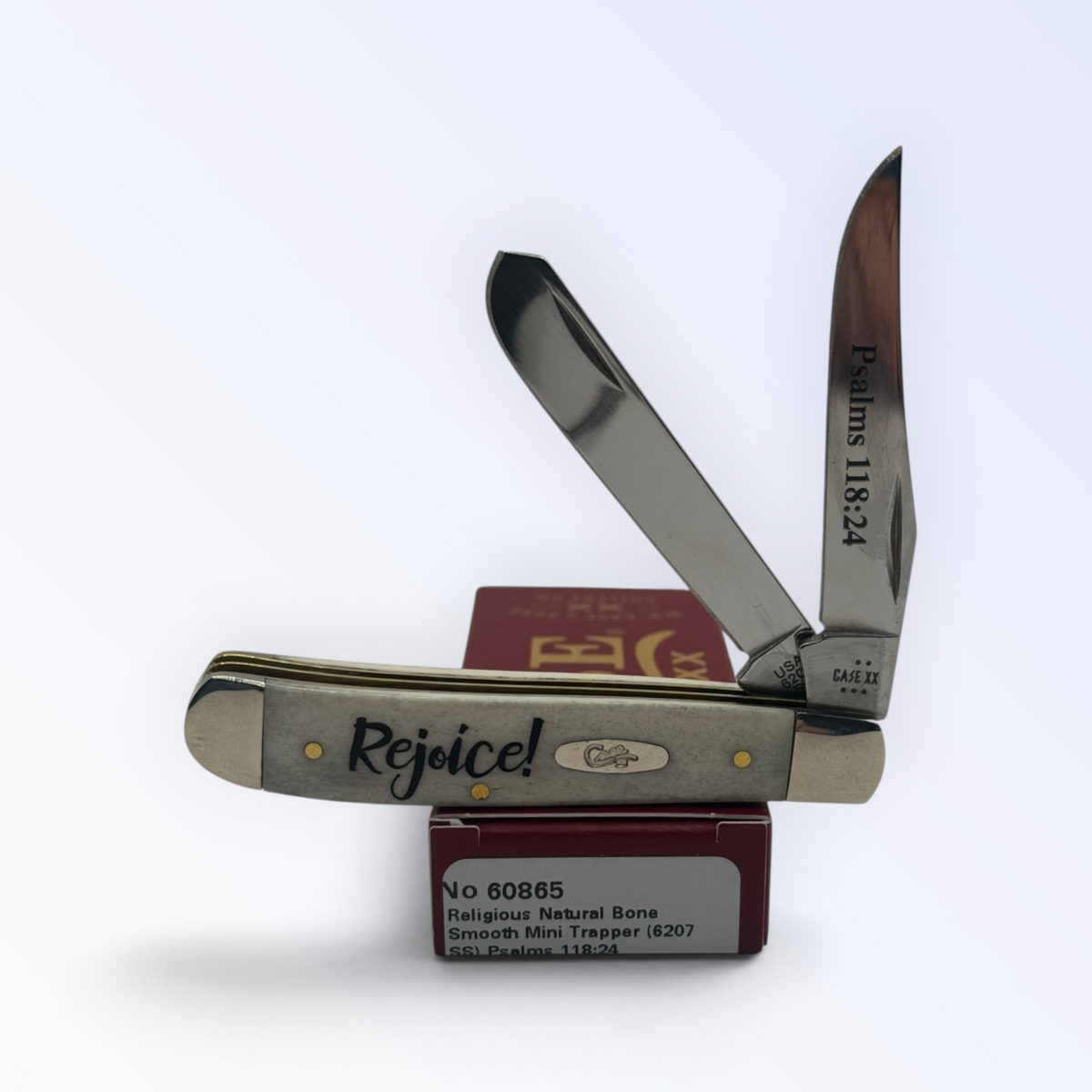 Case XX Mini Trapper with Religious Natural Bone (Psalms 118:24), SKU 60865 — closed profile on the Case XX box