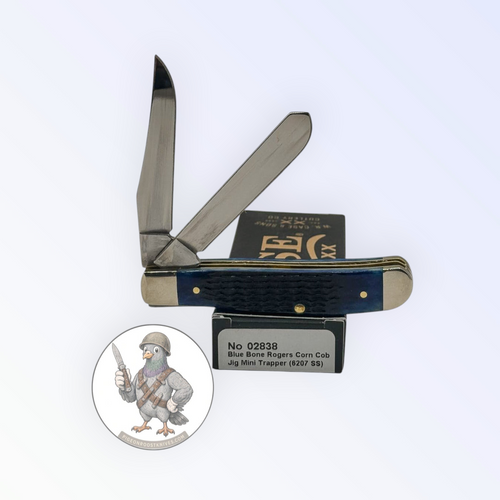 Case XX 02838 Mini Trapper in jigged navy blue bone — angled open view on Case XX packaging