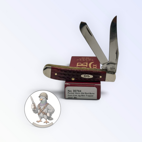 Mini Trapper by Case XX featuring Jigged Old Red Bone Pocket Worn (00784), pocket-knife studio shot on retail box