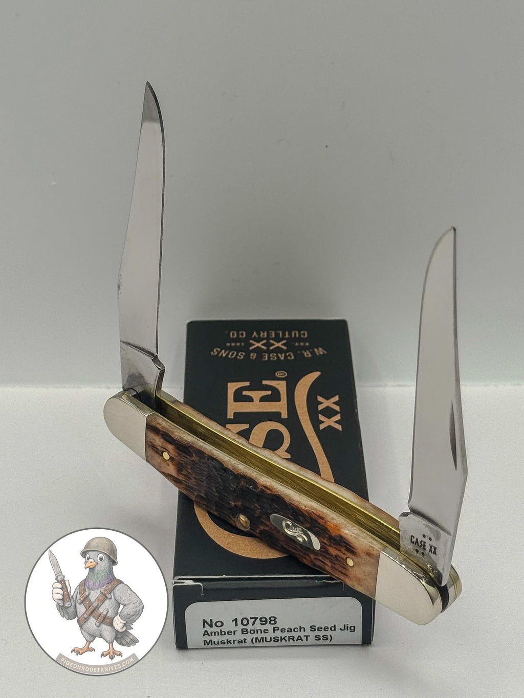 Case XX 10798 Muskrat in jigged amber bone — angled open view on Case XX packaging