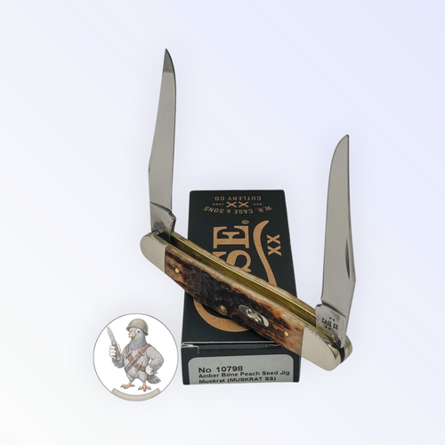 Case XX 10798 Muskrat in jigged amber bone — angled open view on Case XX packaging