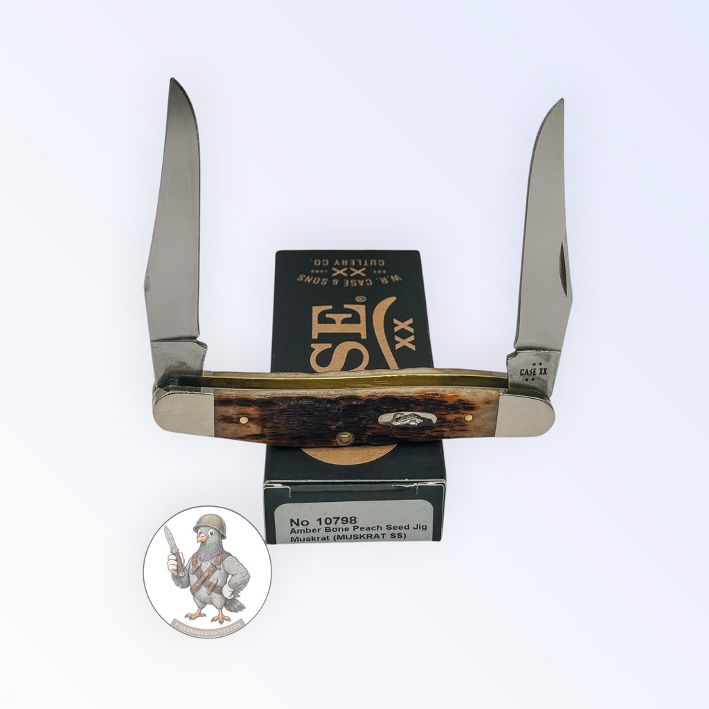 Case XX Muskrat with jigged amber bone and twin spey blades, SKU 10798 — blades open resting on the factory box