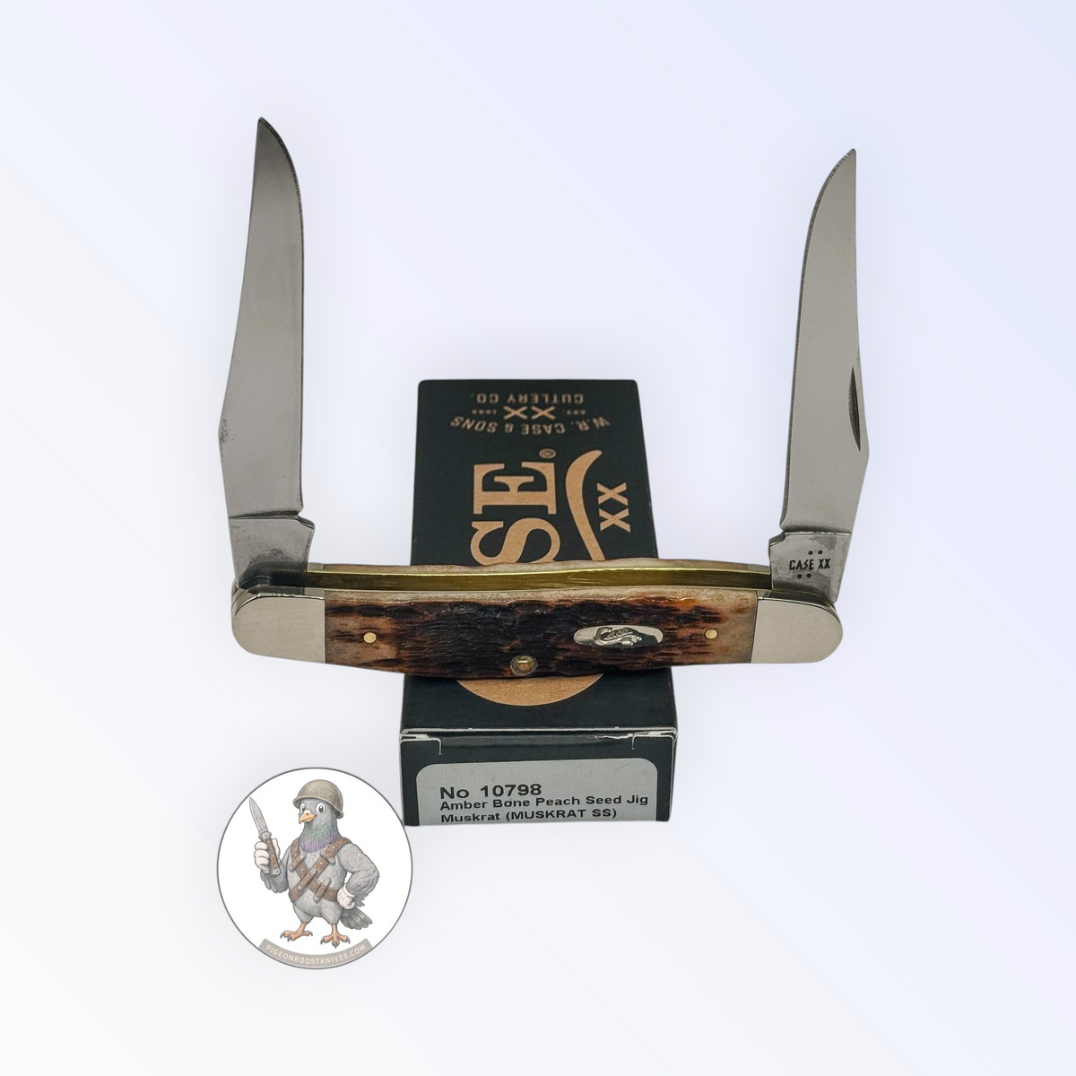 Case XX Muskrat with jigged amber bone and twin spey blades, SKU 10798 — blades open resting on the factory box