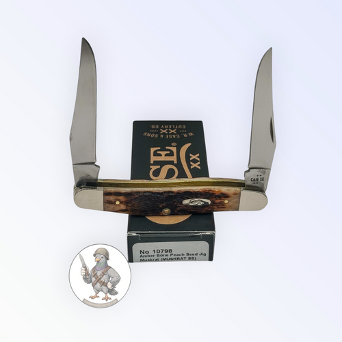 Case XX Muskrat with jigged amber bone and twin spey blades, SKU 10798 — blades open resting on the factory box