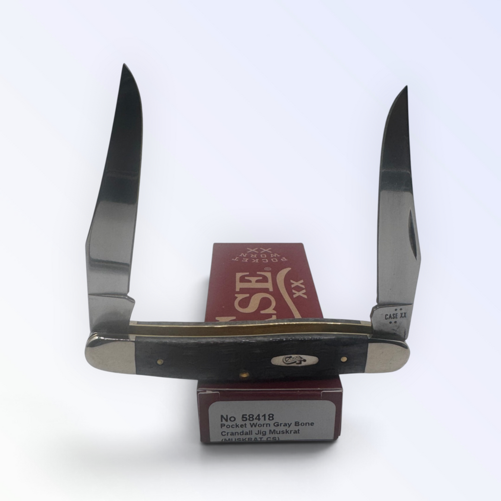 Catalog 58418 Case XX Muskrat — Pocket Worn Gray Bone Crandall Jig, knife displayed atop the Case box