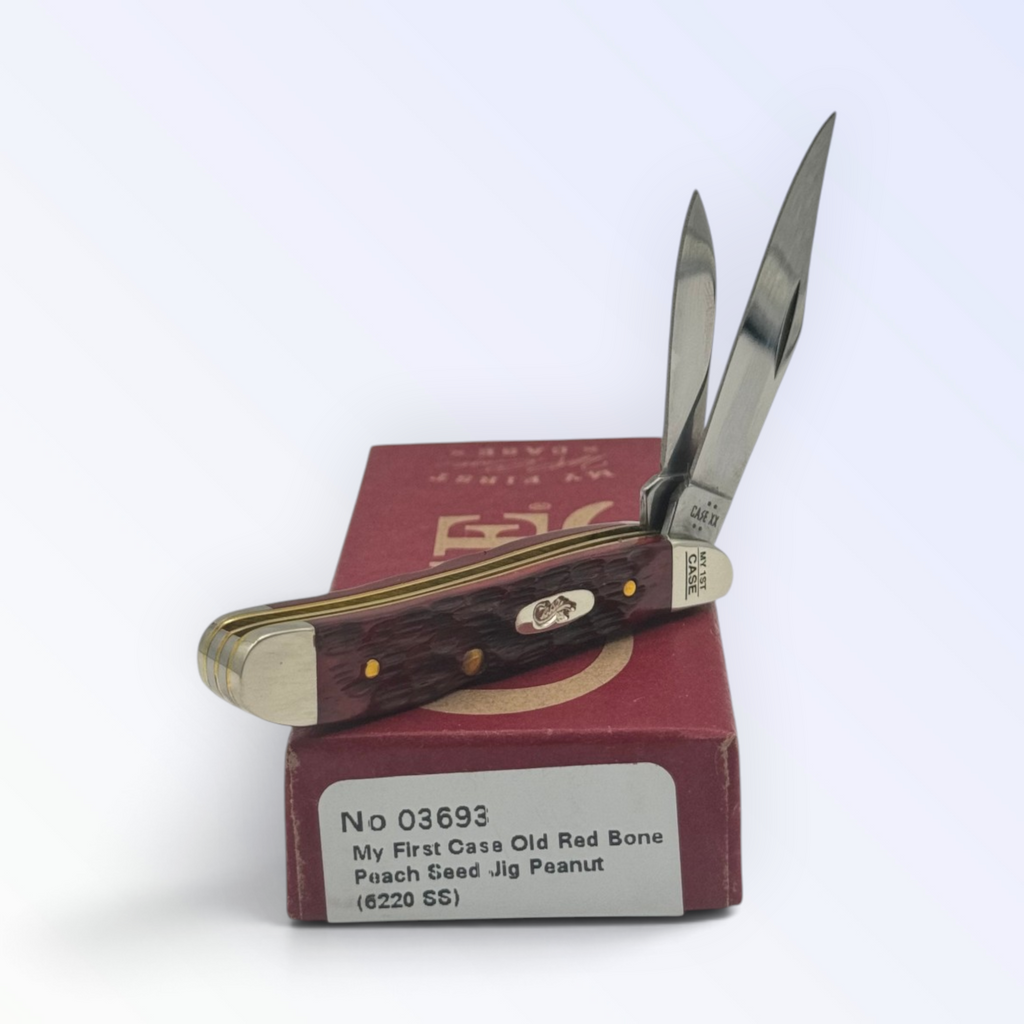 Case XX My First Case Old Red Bone Peach Seed Jig Peanut, SKU 03693 — closed profile on the Case XX box