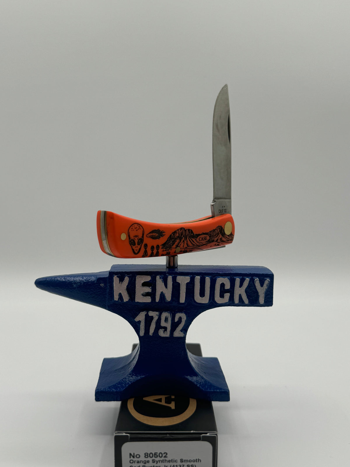 Pigeon Roost Knives Case XX Sod Buster Jr pocket knife with smooth orange synthetic handle and alien graphic art